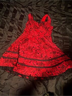 Hot Topic Red and Black Skull Floral Fit-and-Flare Dress